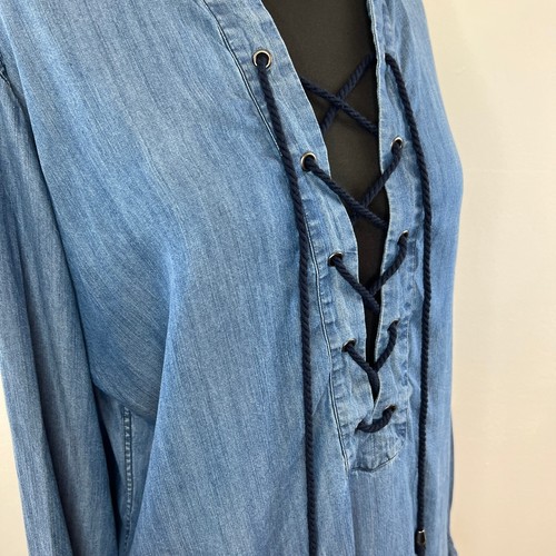 RAILS Blue Dark Vintage Wash Chambray Long Sleeve Lace-Up Denim Blouse M Medium - Picture 2 of 8