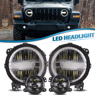 9'' Inch LED Headlight & Fog Light for 18-24 Jeep Wrangler Sahara Rubicon Bumper