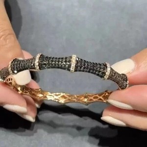 Authentic 4Ct Lab Created Black Diamond Bamboo Bangle Bracelet 14k Yellow Gold Plated