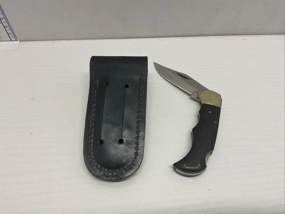 Navaja de bolsillo plegable de acero inoxidable vintage Solingen Bear Hunter estuche de cuero Foto 2 de 4
