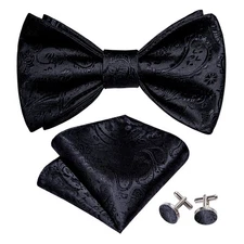 Black Paisley Mens Bowtie Selftied Bow Ties Hankie Cufflinks Set Wedding Event