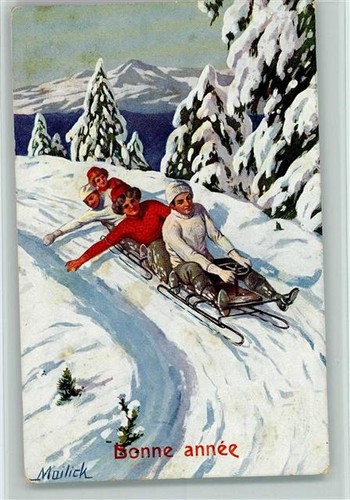 10136323 - Schlitten mit Lenkrad, sign Mailick, Kuenstlerkarte - Kunstverlag