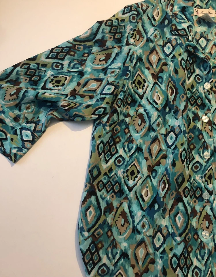 Top Maggie Sweet Turquesa Mujer’s L Tribal Geométrico Manga 3/4 Botón 61424V2D Foto 3 de 4