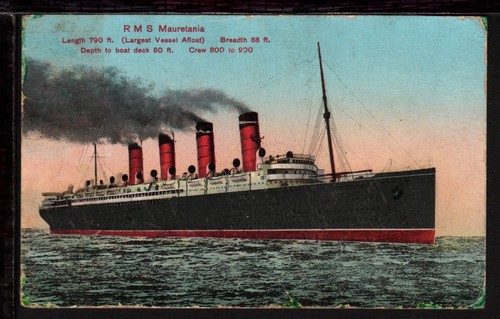 RMS MAURETANIA OCEAN LINER c1908 Postal Used SHIP POSTCARD (L062)