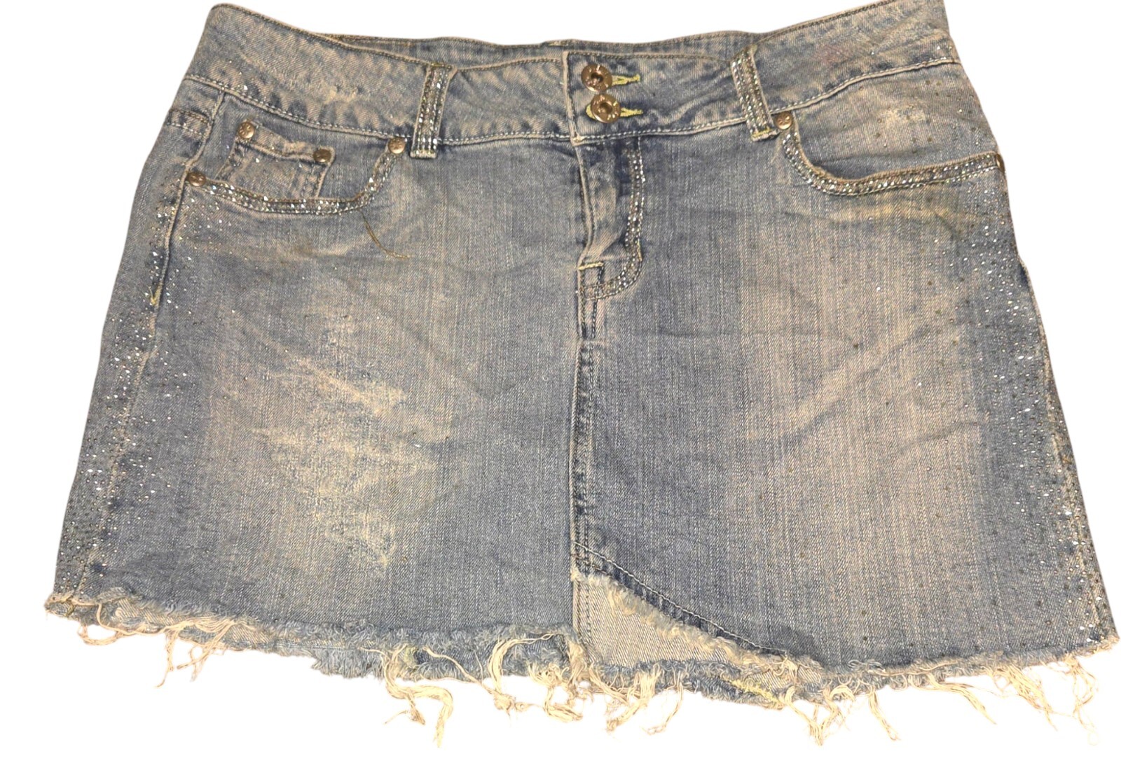 Denim Mini  Skirt  Distressed Rhinestones Blue Jean Size Large Entro Y2K Mcbling-image