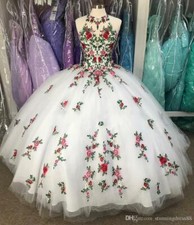 Gorgeous Quinceanera Dresses Sweet 16 White 3D Flowers Applique Party Ball Gown