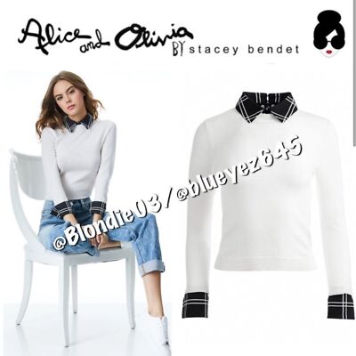 Alice + Olivia Porla Collared Sweater in soft white/black S NWT