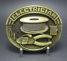 NEW ELECTRICIAN BRONZE ELECTRIC TRADESMAN VINTAGE TOOLS POWER LIGHT BELT BUCKLE