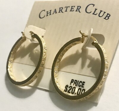 1-1/4  HOOP Earrings NOC Gold & rhinestone pierced Charter Club