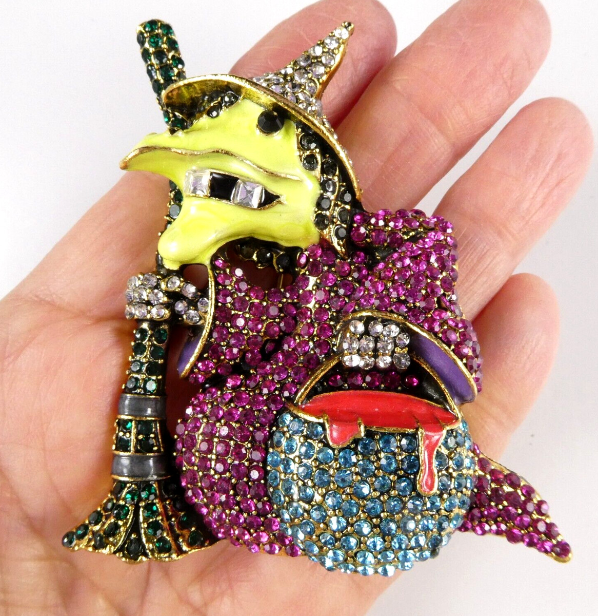 Bling WITCH Pin Brooch Rhinestone Crystal Witches Brew Pink Blue 3" Witch View 4