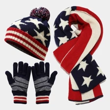 3 PCS America Flag Winter Warm Set with Knitted Hat Scarf Gloves for Men Women
