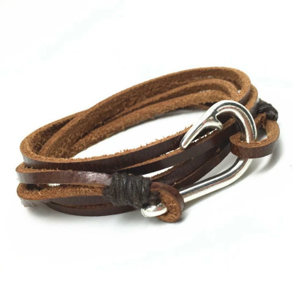 GENUINE LEATHER BRACELET w Metal Fish Hook Fastener Brown Rope NEW