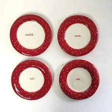 Rae Dunn Artisan by Magenta 6" Red Polka Dot Plates Set of 4 EAT TASTE YUM SNACK