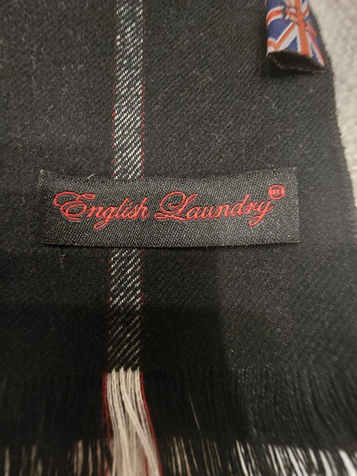 Cachecol masculino English Laundry todo de seda com franjas listras xadrez preto vermelho e branco - Imagem 4 de 4