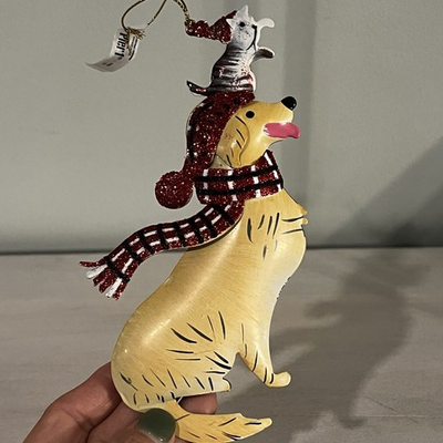 #ad Pier 1 Cat on Labrador with Santa Hat amp; Scarf Christmas 6.5in Metal Ornament NWT $14.99