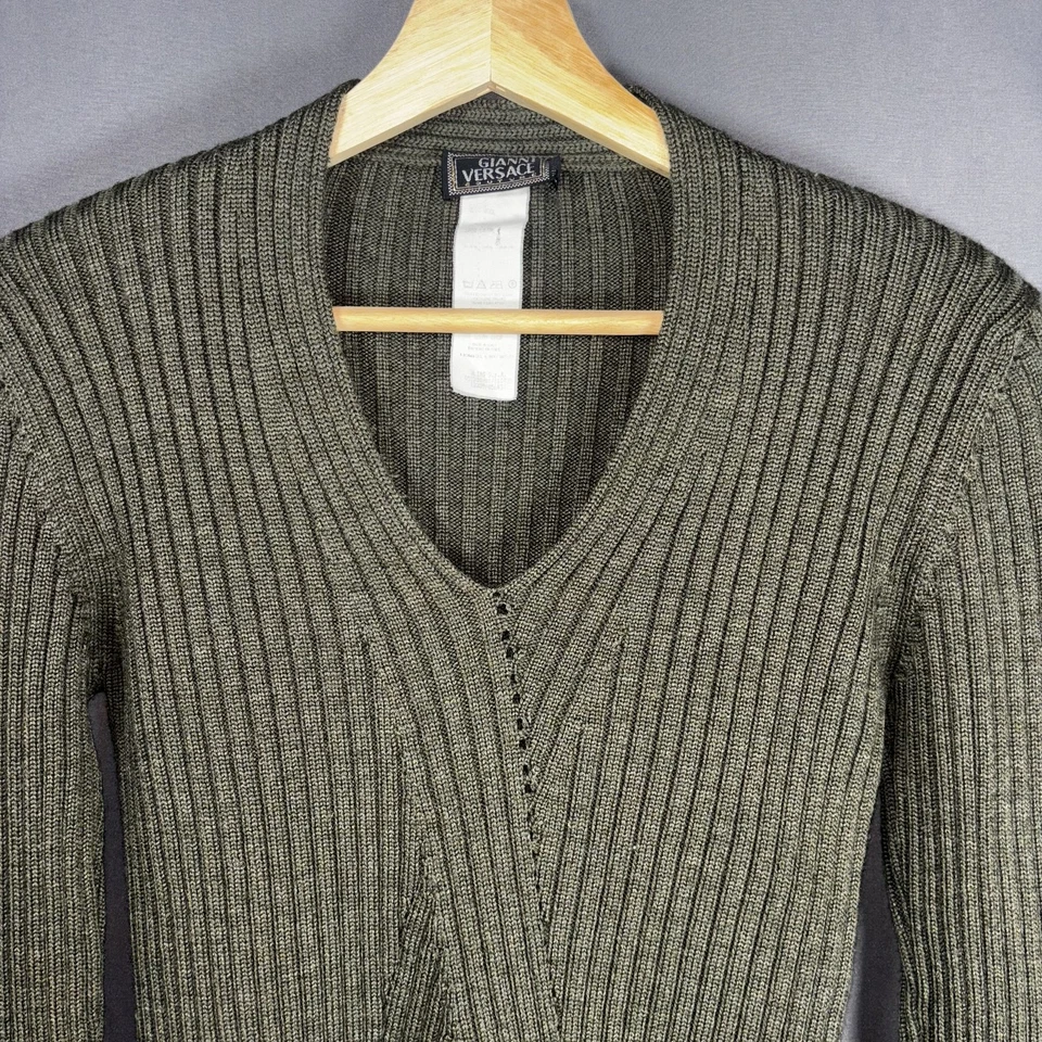 Gianni Versace Vtg 90s Sweater Women's M Green Knit 100% Wool Crop V-Neck - Image 2 of 4