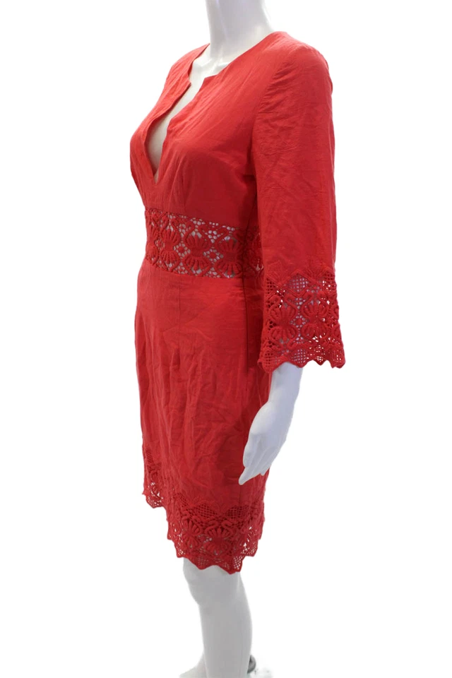 Vestido lápiz rojo con ribete de encaje de algodón cuello en V espalda abierta para mujer talla 2 Foto 2 de 4