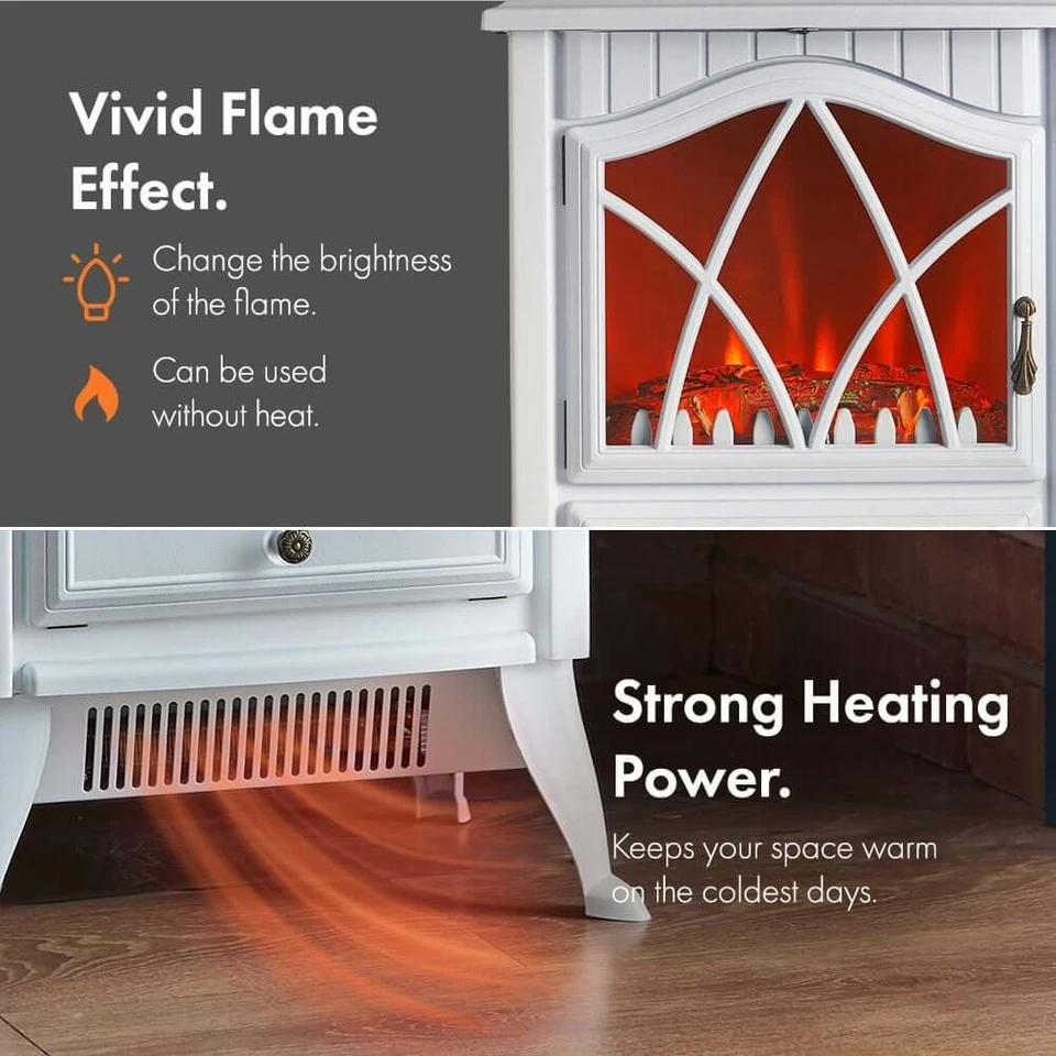 White Electric Stove Heater 1800W Freestanding Log Flame Effect 2 Heat Settings - Image 2 of 4