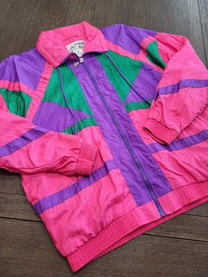 Rare Vintage CASUAL ISLE Color Block Striped Track Jacket 80s 90s Pink Women s M