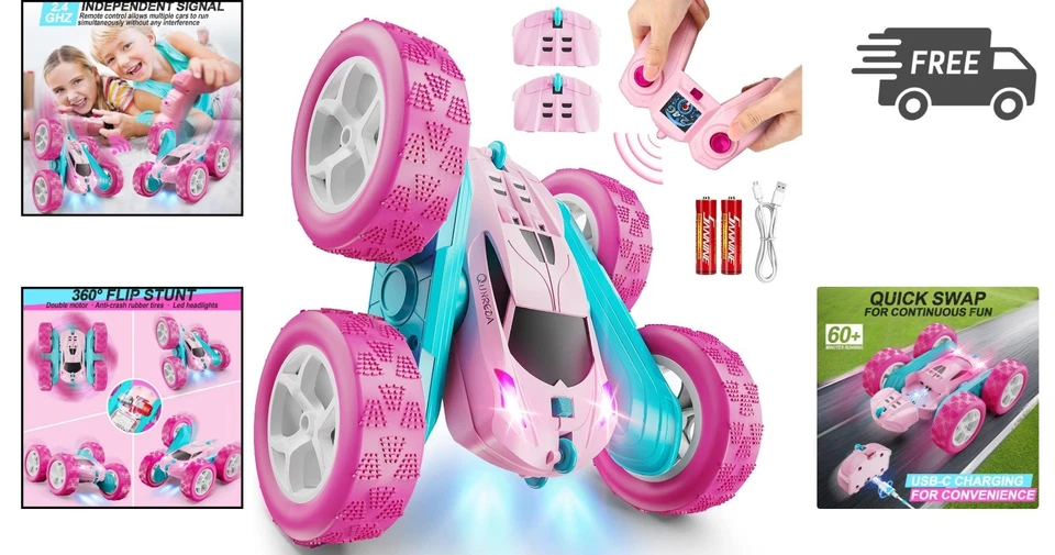 RC Car Pink Remote Control Car for Girls Stunt Car 360° Rotating Off-Road Toy - Image 2 of 4