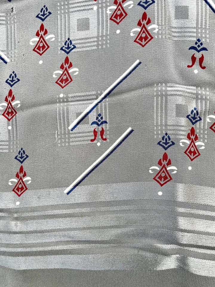 30’s-40s VINTAGE SILVERY GRAY RAYON FRINGED SCARF W/ COLORFUL PATTERN  47” - Image 3 of 4