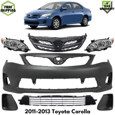Front Bumper Cover Primed Plastic & Headlights Kit For 2011-2013 Toyota Corolla