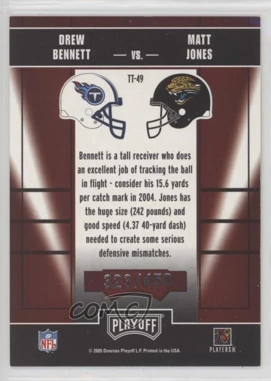 2005 Playoff Contenders Toe to /450 Drew Bennett Matt Jones #TT-49 Rookie RC - Image 2 of 2