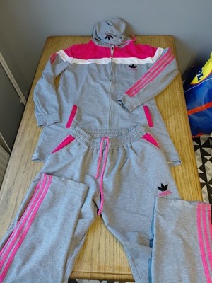 Adidas XL Erwachsene Full Trainingsanzug Hoodie Jogginghose Grau Rosa Retro Vintage (B)