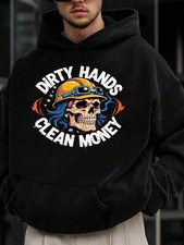 Dirty Hands Clean Money Skull Graphic Hoodie - Casual Pullover with Front Pocket