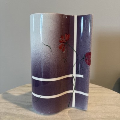 Vintage Baatz Vase Retro Design Curved Purple with Flowers and Stripes Signed 