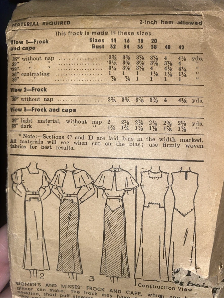 Vestido de falda y capa con patrón de costura Pictorial Review años 30 talla 16 6431 Foto 4 de 4