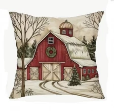 Retro Winter Scene Barn House Linen Throw Pillow Cover Winter Holiday Home Decor