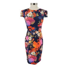 Betsey Johnson Sheath Dress Colorful Floral Pleated Short Sleeve Zip Womens 6