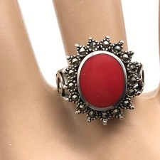 Vintage 925 Sterling Silver Marcasite Red Jasper Ring Size 7.25