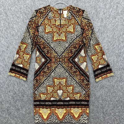 chicos brown dress Chicos 1 Knit Sheath Dress Womens Medium Brown Red Gold Animal Print  Paisley