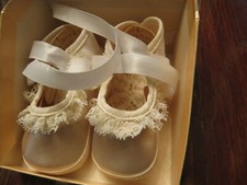 CHRISTENING SHOES, BABY DEER,NEW, IVORY SATIN  larger baptismal bonnet used