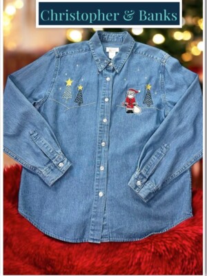 Christopher Banks Women's Sz M Denim Embroidered Western Santa s Christmas Shirt