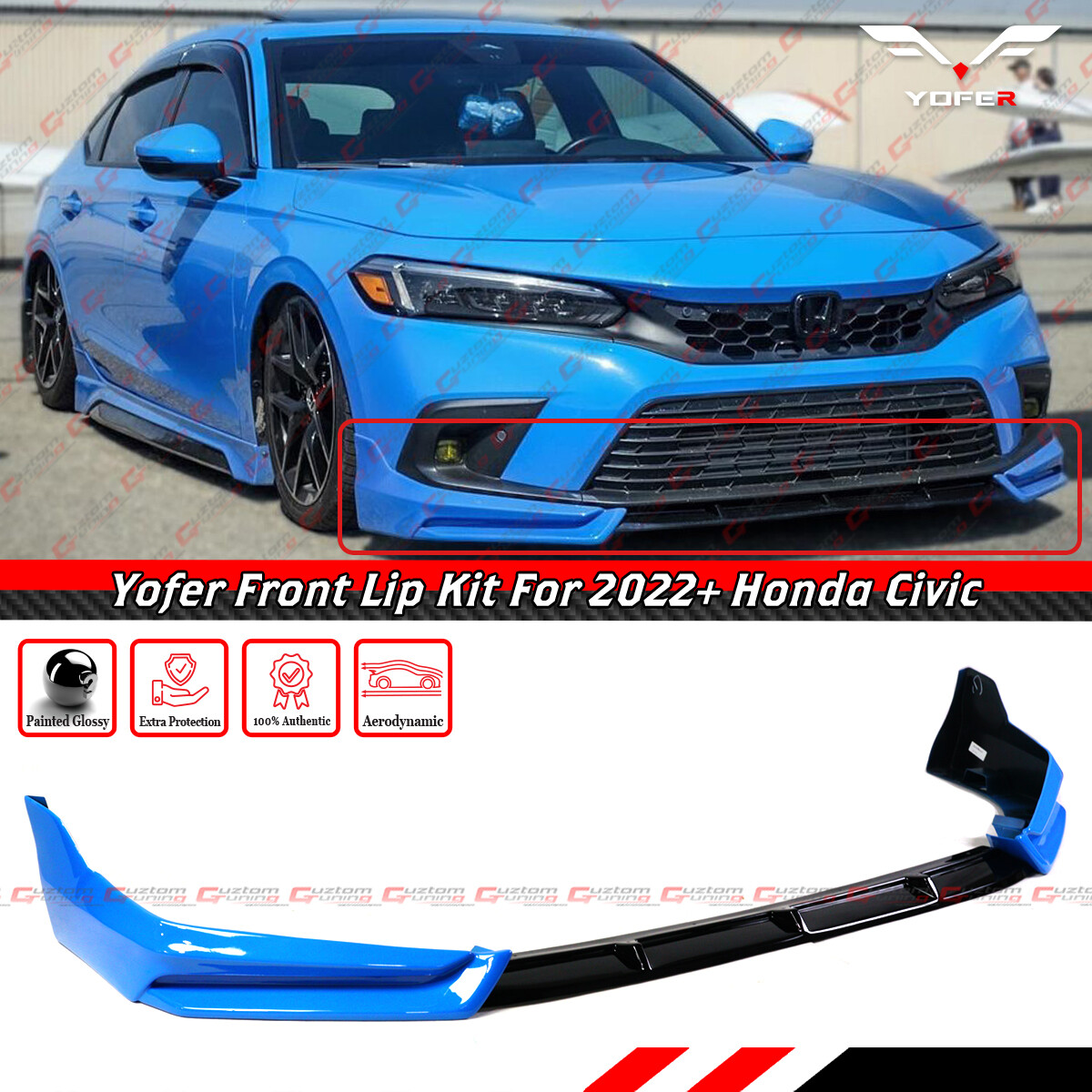 For 2022-24 Honda Civic Yofer V1 Front Bumper Lip Kit - Painted
