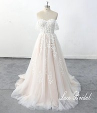 Champagne Leaves Lace Wedding Dress Bridal Gown off Straps 2-28W Custom made