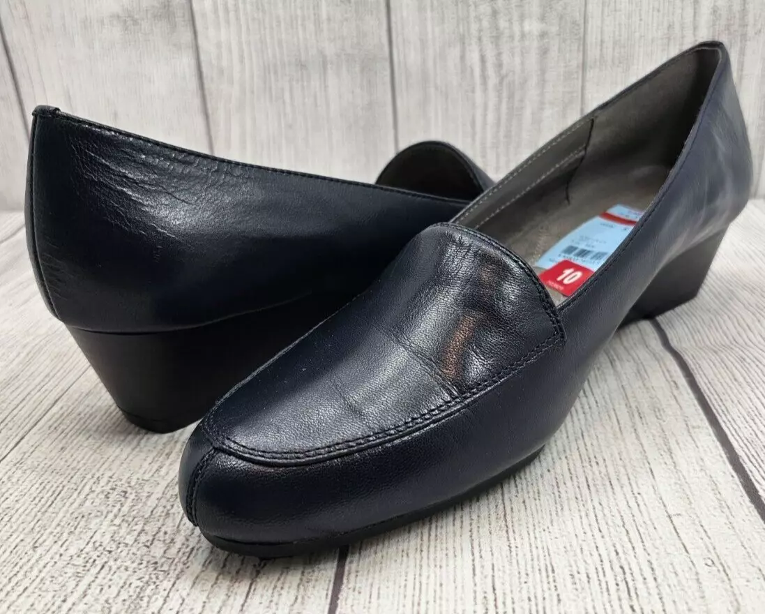 Women s Aerosoles Lovely Wedge Navy Blue Leather Wedge Shoes 10M Slip On NICE