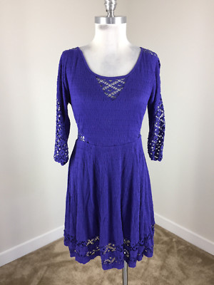 Free People XS Royal Blue lace knit Skater dress Cut out 3/4 sleeves | eBay