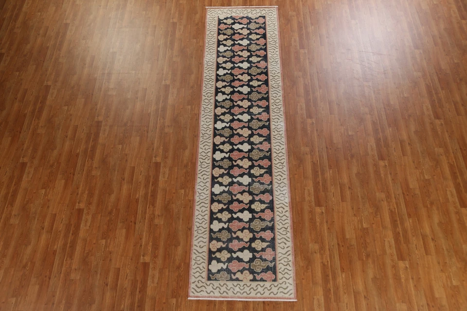 Geometric Art Deco Navy Blue Turkish Runner 3'x12' Rug Hand-knotted Wool Carpet - Image 2 of 4