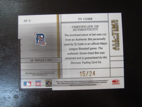 2000 Donruss Elite All-Time Career Bat # AT-2 Ty Cobb Bat Card # 15/25 (S) - Picture 2 of 2