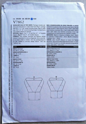 Vogue 7862 V7862 Sandra Betzina Crossbody Shoulder Bag in 2 Sizes Sewing Pattern - Picture 3 of 4