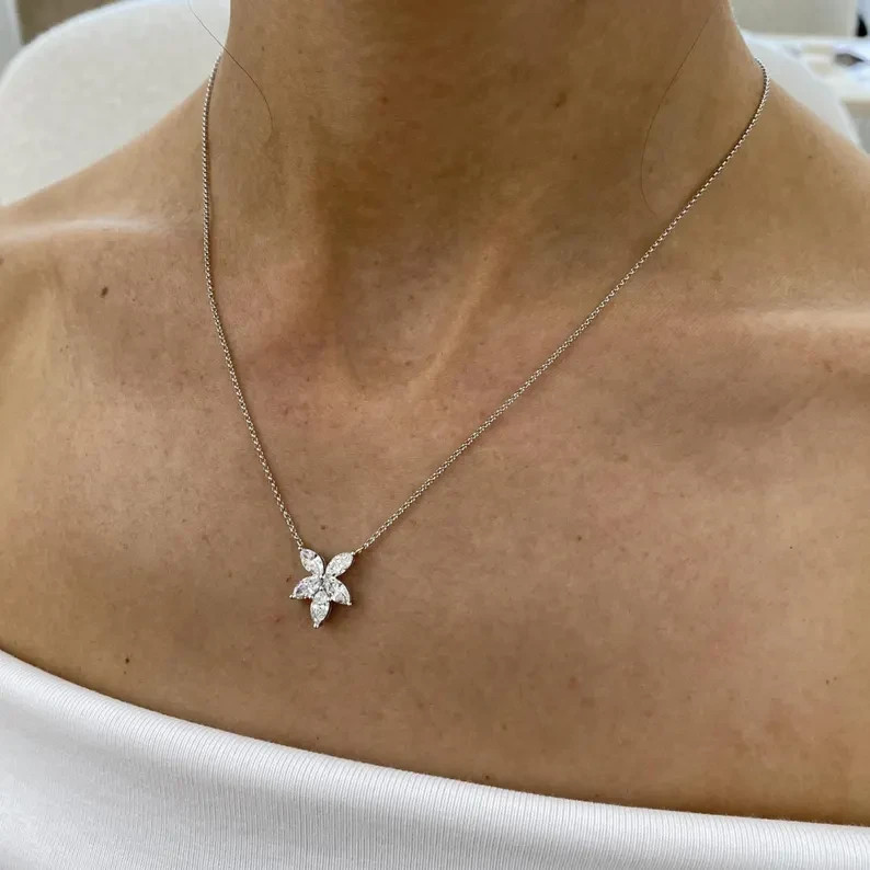 1.25 Ct Lab Grown Marquise Cut Diamond Flower Necklace, 14K White Gold Necklace