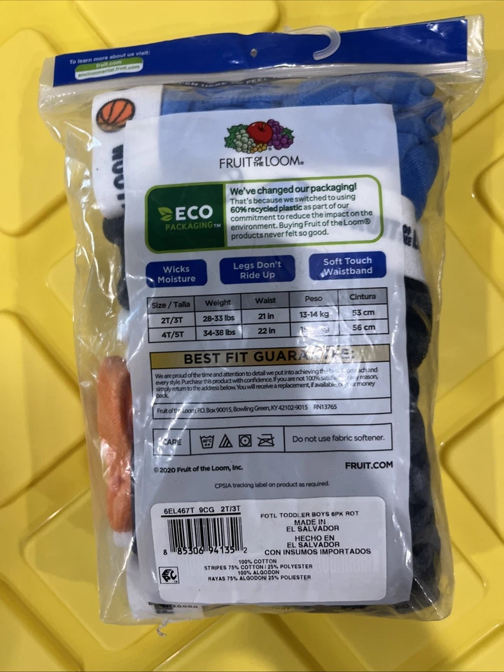 NUEVO Paquete de 6 calzoncillos boxer de algodón sin etiquetas para niños Fruit of the Loom 2Y/3T Foto 2 de 2