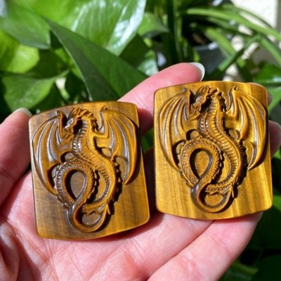 Natural Tiger Eye Flying Dragon Carving Crystal Healing Stone Figurine Decor 2pc