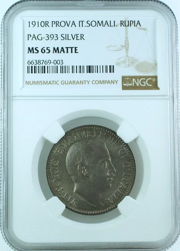 Italian Somaliland 1910R Specimen Rupia NGC MS65 Matte - Rare and only graded