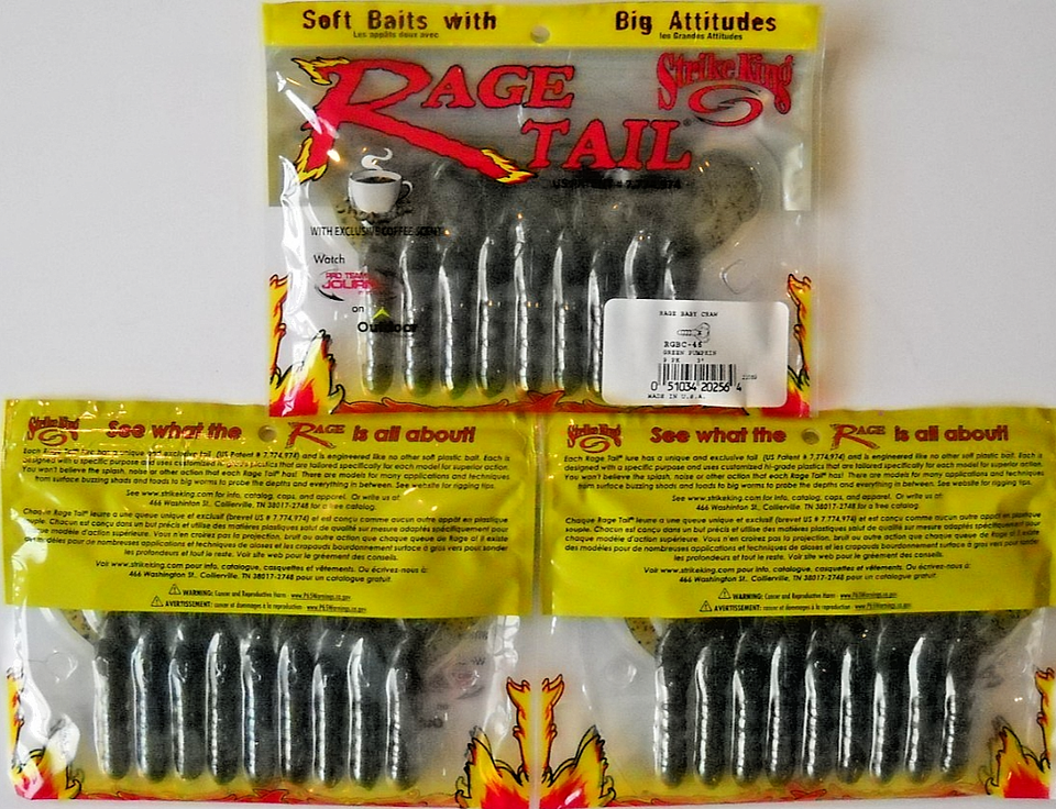 Lot of 3 STRIKE KING RAGE TAIL 3" RAGE BABY CRAW in GREEN PUMPKIN color ...