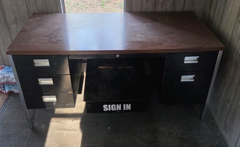 Large Rectangular Office Desk with Multiple Drawers, Black and Wood Finish